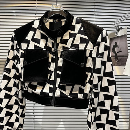 Net red same style 2023 spring new fried street hot girl black and white checkered shoulder pads and leather stand collar jacket short coat top