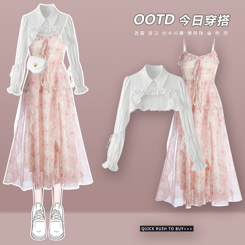 Chic sweet and spicy very fairy irregular floral dress autumn new shirt 2023 new waist waist suspender skirt female