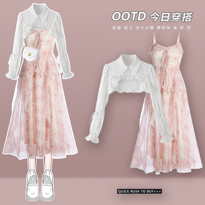 Chic sweet and spicy very fairy irregular floral dress autumn new shirt 2023 new waist waist suspender skirt female