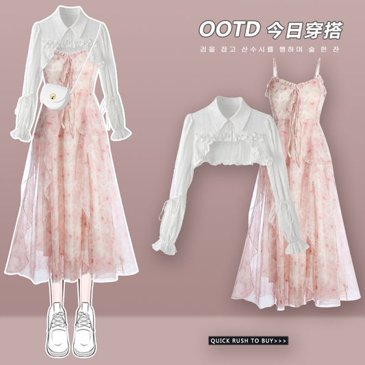 Chic sweet and spicy very fairy irregular floral dress autumn new shirt 2023 new waist waist suspender skirt female
