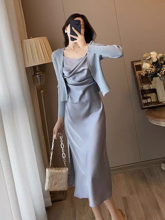 French retro blue sling satin dress cardigan two-piece suit niche high-end sense slim temperament long skirt