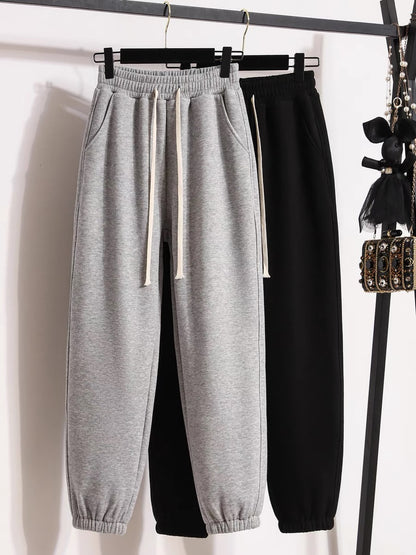 Sports pants women's 2022 autumn and winter new style plus velvet thick warm gray small casual trousers