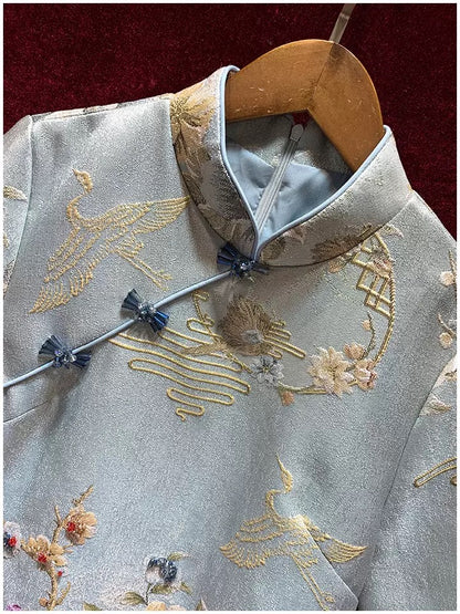 Temperament celebrity heavy industry beaded short-sleeved improved cheongsam dress small young model 2022 new high-end