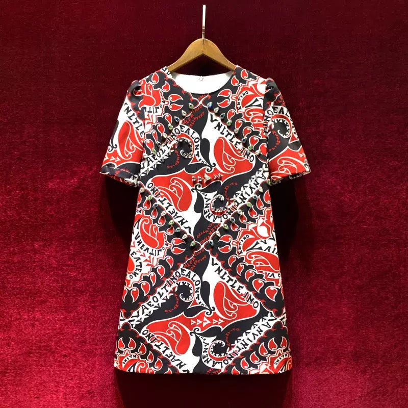 French heavy-duty diamond-studded retro print short-sleeved small loose-waist European dress high-end summer 2022 new