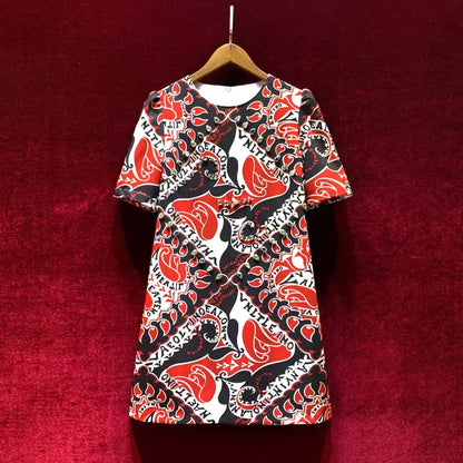 French heavy-duty diamond-studded retro print short-sleeved small loose-waist European dress high-end summer 2022 new