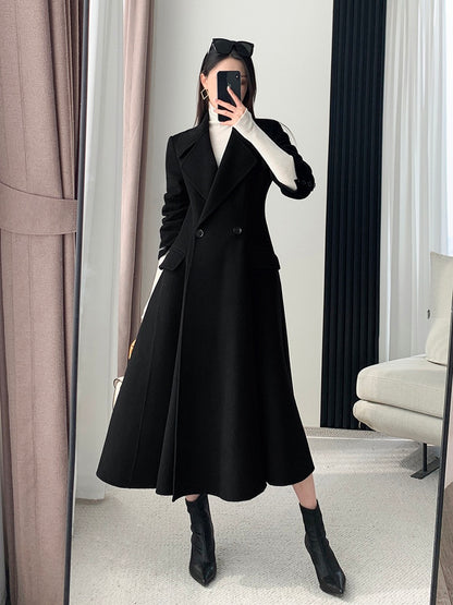 FT GUOGE black double-sided wool coat women's 2022 autumn and winter new high-end waist Hepburn style wool coat