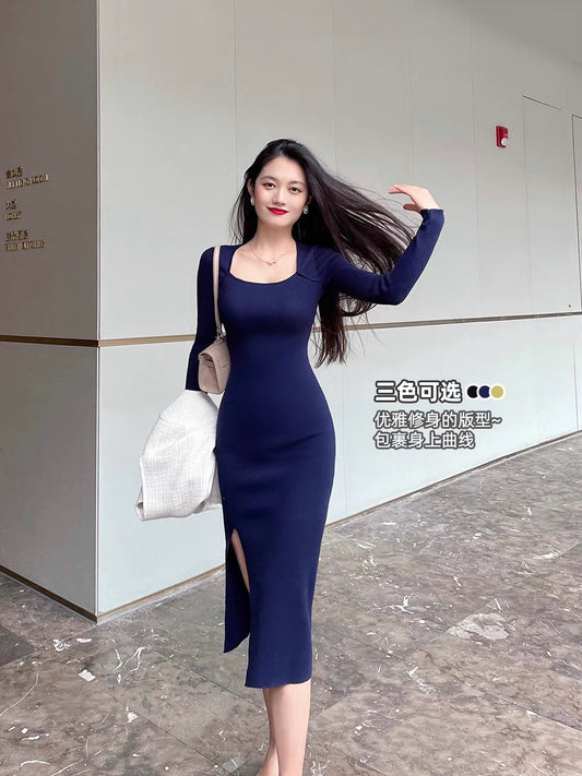 Lin Guanguan slim sexy slit knit dress femininity long-sleeved bottoming skirt bag hip skirt long skirt autumn and winter