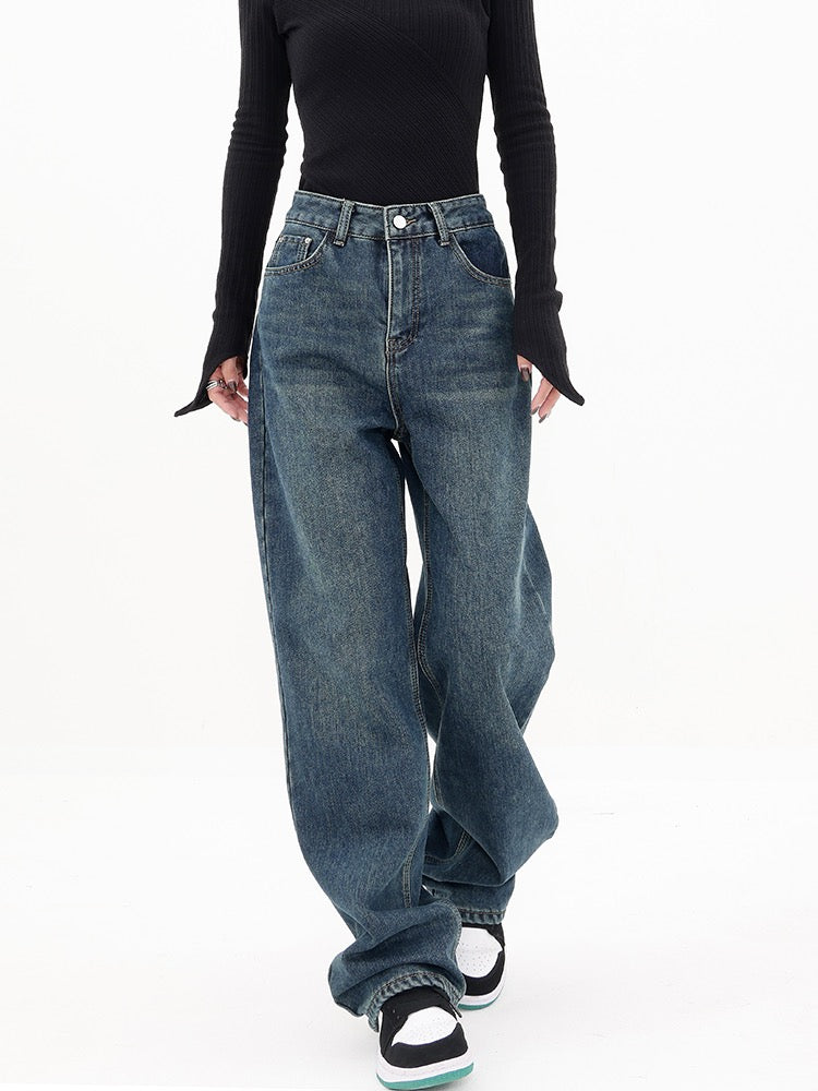 KEN STUDIO retro blue thickened high-waisted jeans women's winter plus velvet straight loose casual pants