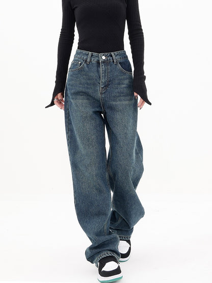 KEN STUDIO retro blue thickened high-waisted jeans women's winter plus velvet straight loose casual pants