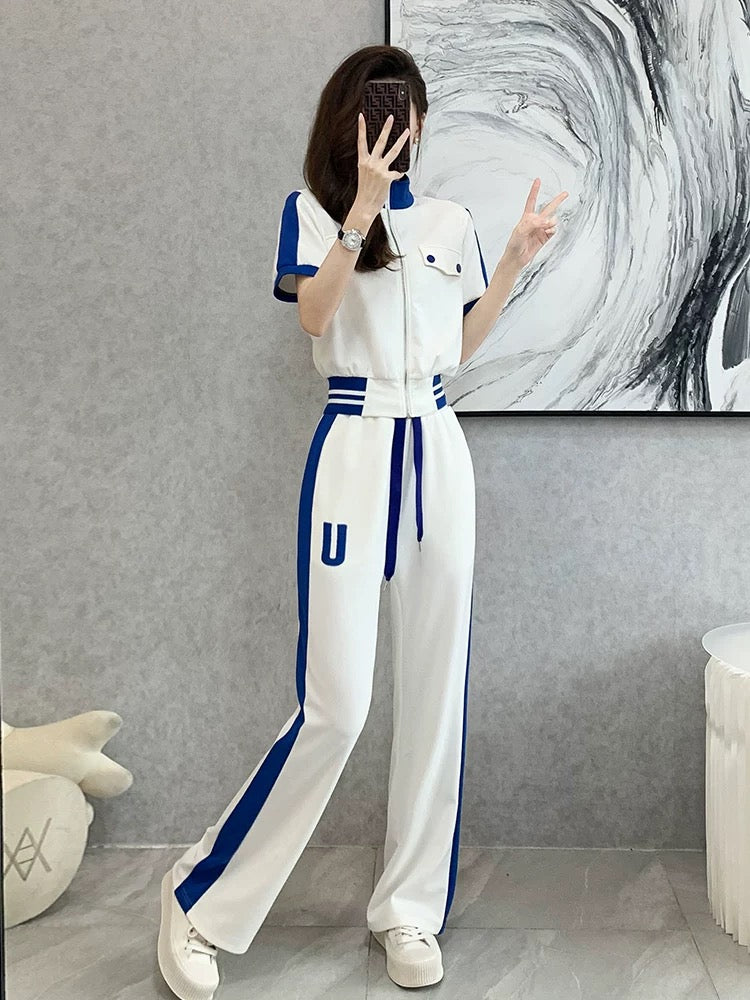 European goods high-end sports and leisure suits women's summer 2022 new style slimming fashion temperament fried street wide-leg pants two-piece set