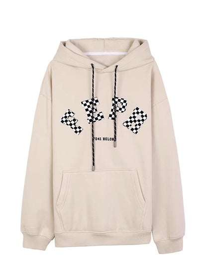 Big C Lai Ye Checkerboard Letter Raglan Sleeve Sweater Women's Autumn and Winter Long Sleeve Velvet Versatile Hooded Drawstring Top