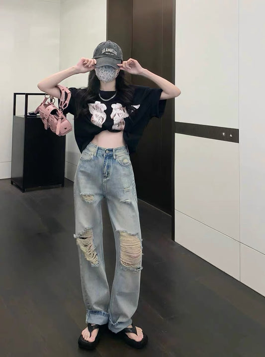 1118 kumikumi retro old jeans straight-leg pants women's summer design sense hole wide-leg pants mopping long pants