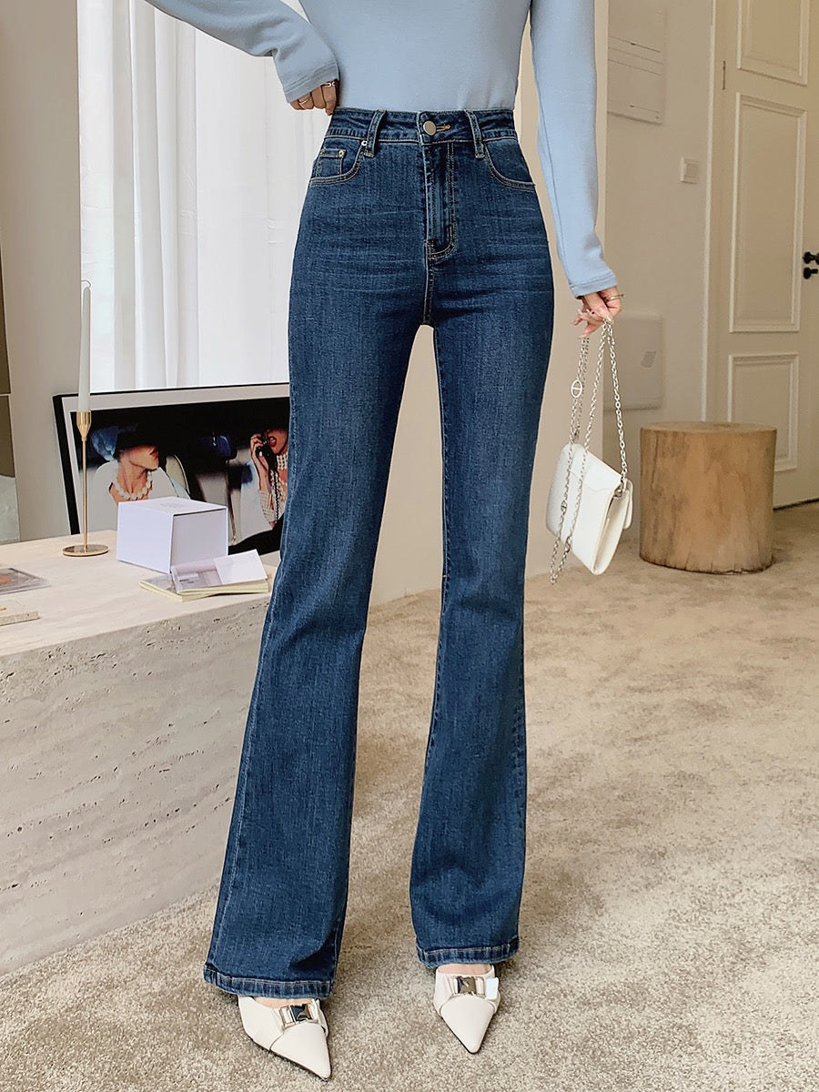 Mrs. Island song dark blue retro micro-flared jeans women's spring pear-shaped figure horseshoe pants high waist slimming