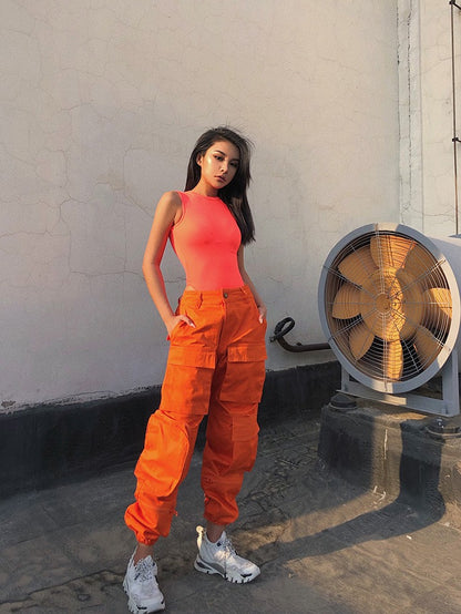 Self-made ins super cool multi-pocket overalls women's loose bf high-waisted casual pants women's slim pants