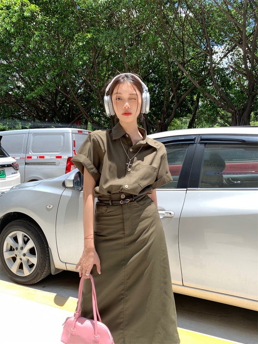 Small fashion suit female Polo collar short-sleeved mid-length shirt spring and autumn high-waisted skirt two-piece set