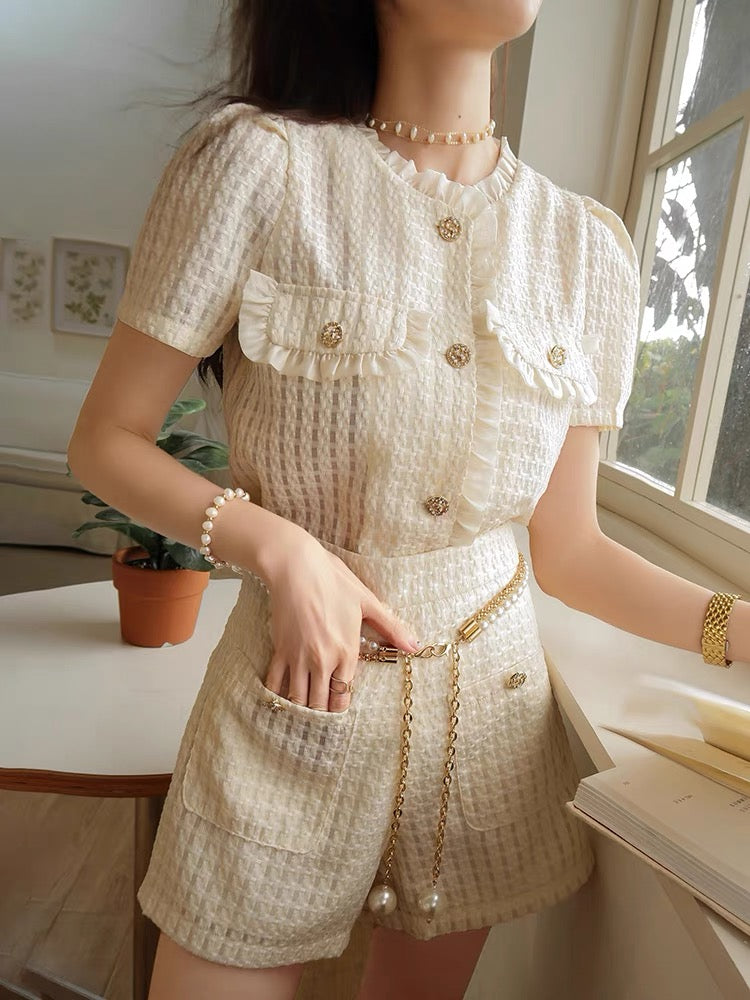 [Earth Store] High-quality plaid small fragrance suit women's summer fashion temperament celebrity tops and shorts two-piece set