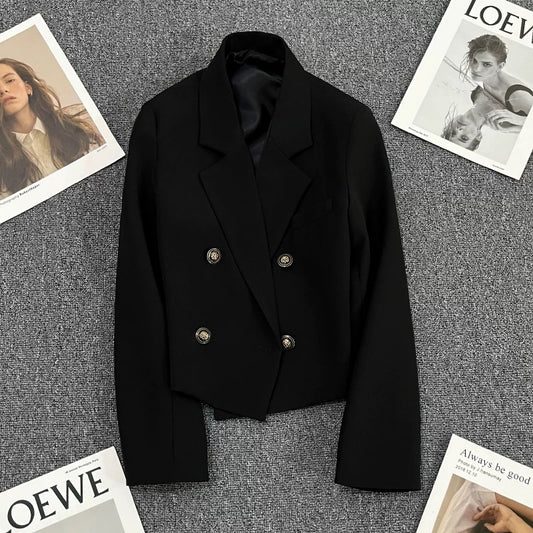 Black double-breasted suit jacket women's 2022 autumn new style ultra-short small high-end casual suit 1773