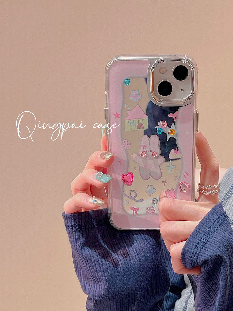 Light style suitable for Apple 14 mobile phone case new iphone13 girl stickers diamond rabbit mirror 12 girls 11 cartoon 14pm net red cute make-up mirror super hot all-inclusive anti-fall hard shell protective cover