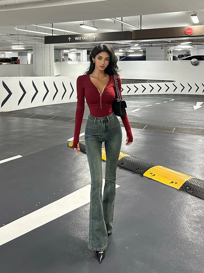 Helen Hip Lifting High Waist Jeans Women [Super Long Legs] Flared Wide Leg Pants Slim Fit Pants