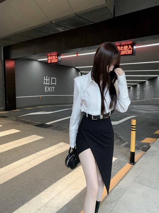 CHICYOU [RO style girl] Irregular high slit black skirt sexy bare legs bag hip temperament skirt