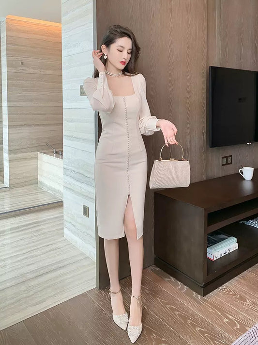 European station French square-neck long-sleeved dress women's autumn new 2022 waist is thin and gentle Versailles skirt 1560