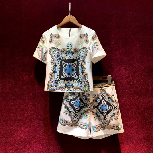 Hong Kong style retro chic fashion suit 2022 summer new women's clothing sweet small fresh print Western style two-piece suit