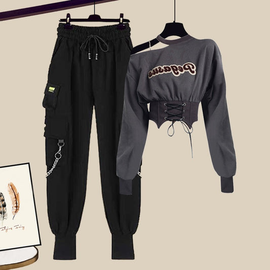 Early autumn casual wear Internet celebrity hot girl sports suit women's Hong Kong style sweater overalls high-end autumn two-piece suit