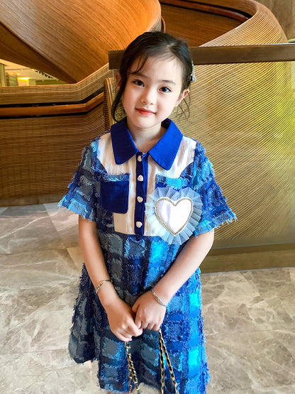 Original children's clothing girl's dress 2023 summer new children's college style retro Polo collar princess dress