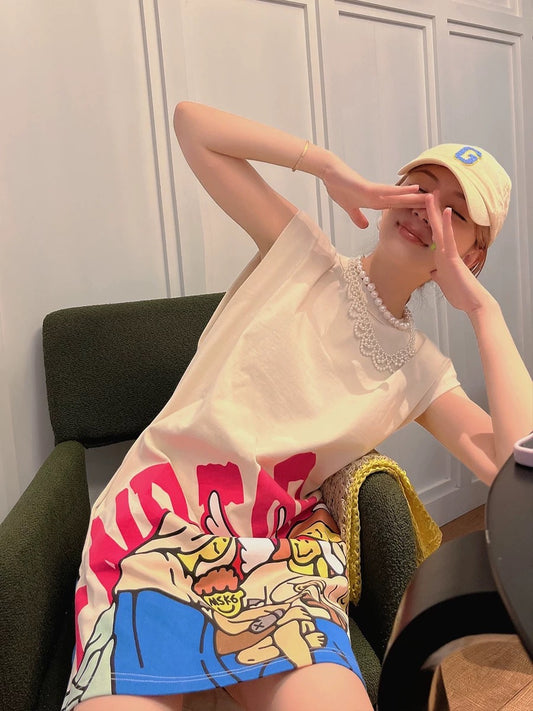 Thebestxue European and American simple beige shoulder pad design print dress 2022 summer new loose mid-skirt