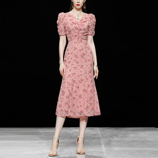 2023 new summer women's temperament French tea break skirt long skirt waist slimming printed chiffon dress