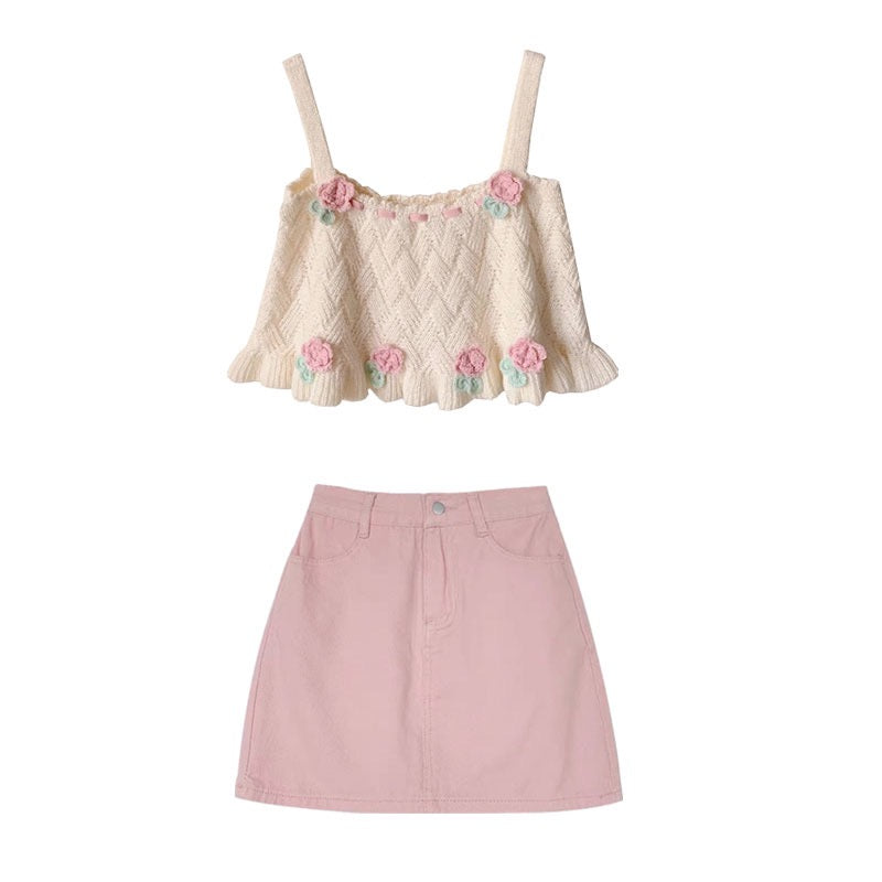 Summer's new style of sweet and spicy little man wears a girly age-reducing camisole pink short skirt two-piece suit