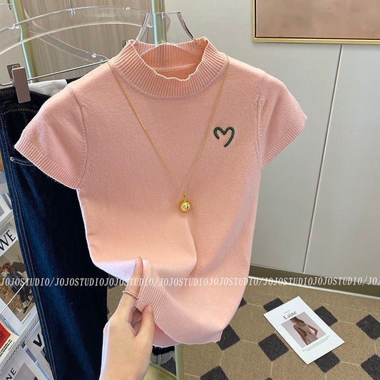 Slim half-high collar embroidered knitted bottoming shirt women 2023 early spring new design sense warm inner T-shirt top