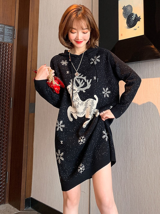 MIUCO casual hooded drawstring snowflake deer knitted jacquard loose body slim dress 2022 autumn and winter new