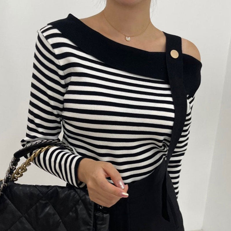 Korean chic autumn elegant niche slanted collar irregular off-shoulder design contrasting color striped loose long-sleeved sweater