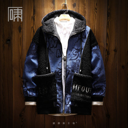 Guochao hip-hop bear mid-length hooded cotton jacket Men's niche lambswool stitching thickened cotton jacket