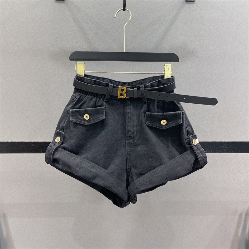 2023 Spring New Design Bud High Waist Denim Shorts Women Look Thin A-Line Wide Leg Casual Curling Hot Pants