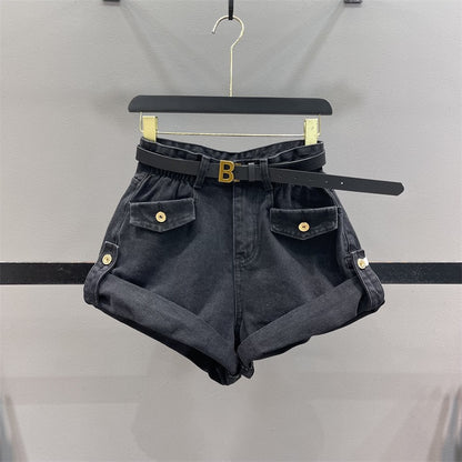 2023 Spring New Design Bud High Waist Denim Shorts Women Look Thin A-Line Wide Leg Casual Curling Hot Pants