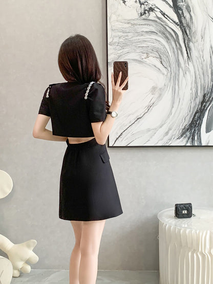 2023 summer new French temperament British style high-end design sense niche black waist suit dress female