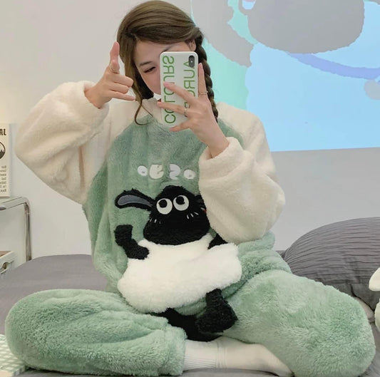 2022 new coral fleece pajamas women's autumn and winter thickened cute cartoon flannel home clothes casual suit winter