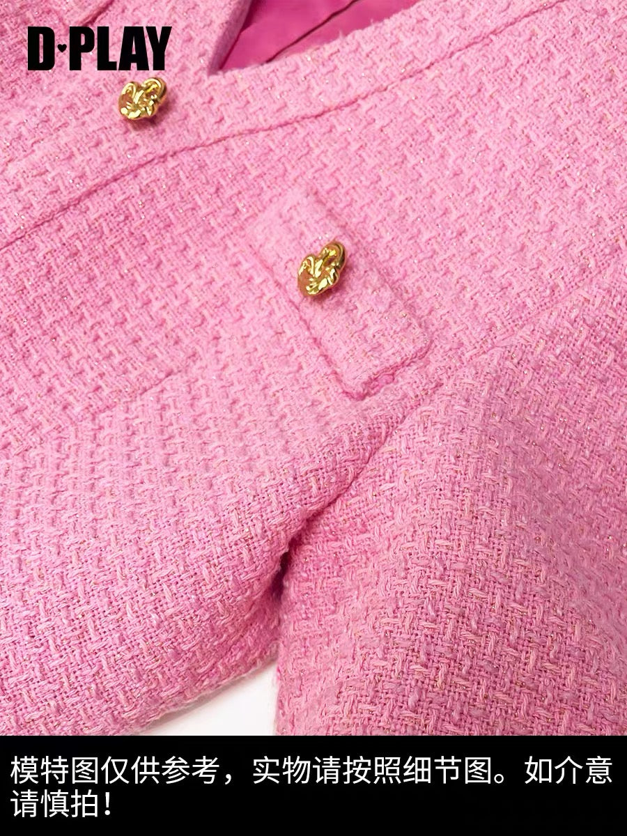 DPLAY [Black Label] 2022 Spring New French Small Fragrance V-Neck Bubble Gum Powder Tweed Dress