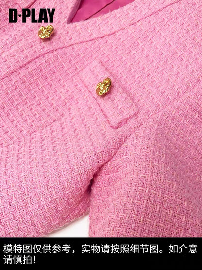 DPLAY [Black Label] 2022 Spring New French Small Fragrance V-Neck Bubble Gum Powder Tweed Dress