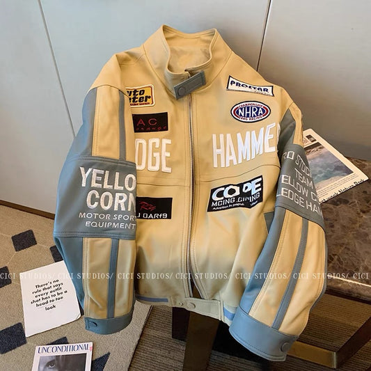 American retro contrast color stitching baseball uniform women's autumn 2022 new college style loose locomotive leather jacket