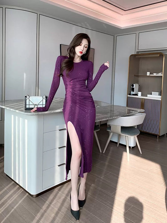 European station French casual purple long skirt women's autumn gentle wind long-sleeved slim waist retro sexy dress 1678