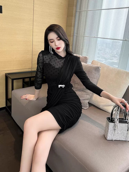 European chic waisted unique skirt small temperament black ladies high-end slim hip dress autumn and winter 1539