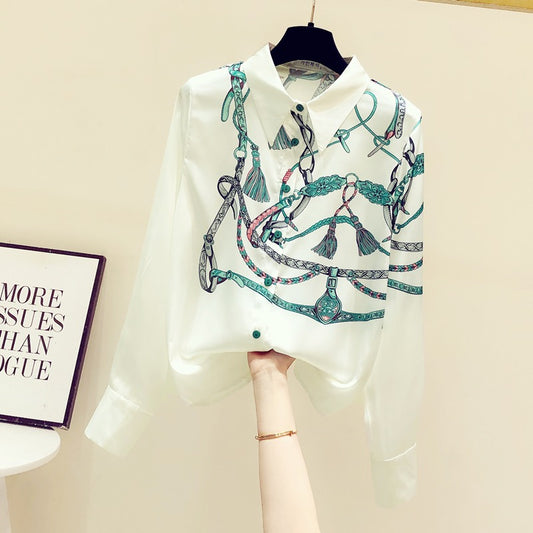 Design sense white printed silk shirt women 2023 spring new lapel long-sleeved design sense mulberry silk top