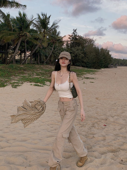 Big moss trendy cool girl personality multi-pocket fashion loose casual all-match straight overalls female spring and autumn