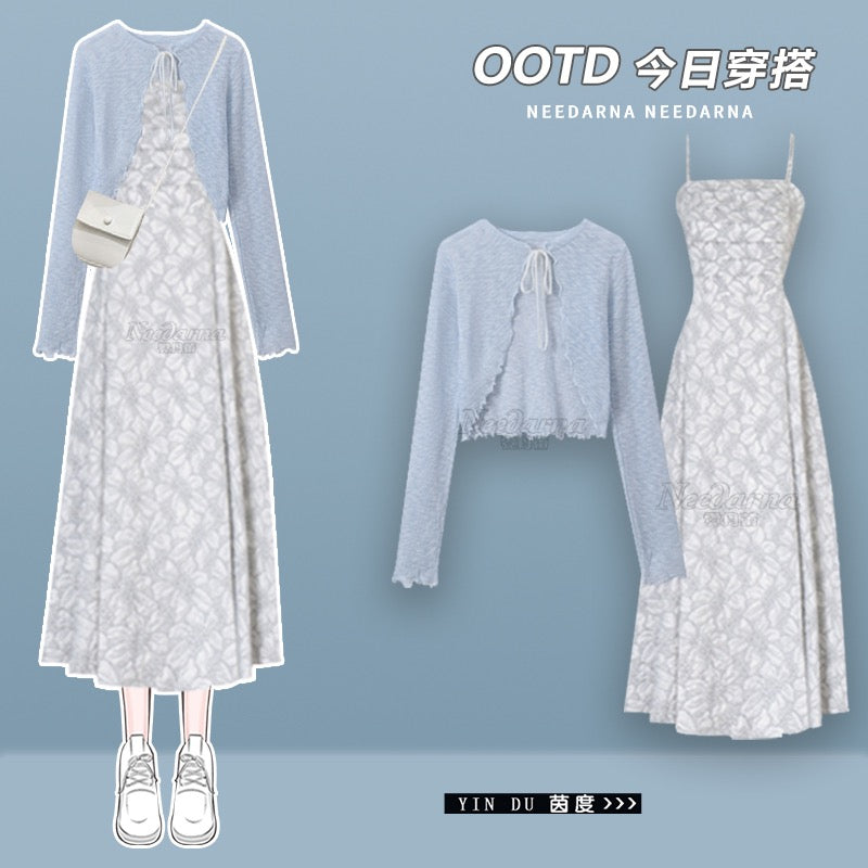 One-piece dress women's summer slightly fat mm cover belly thin girl suit high-end holiday style dress two-piece set