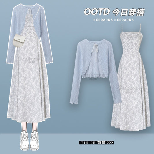 One-piece dress women's summer slightly fat mm cover belly thin girl suit high-end holiday style dress two-piece set