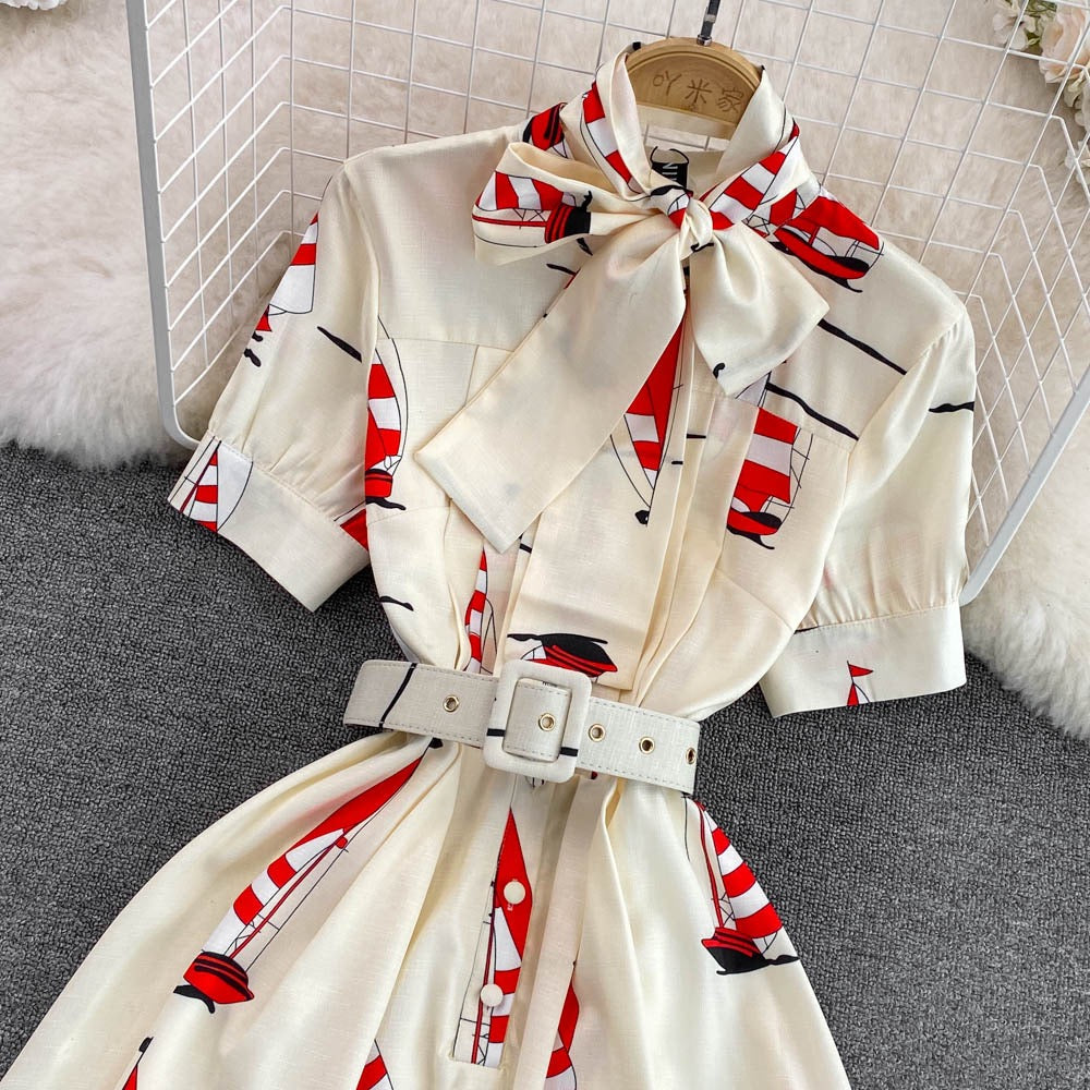 Summer high-end light luxury retro temperament stand collar bow tie waist printed a-line dress elegant big swing long skirt