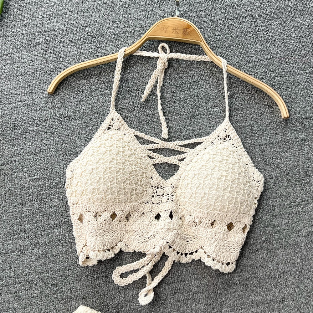 Seaside holiday suit female sexy holiday hollow knit halter neck halter vest two-piece set high waist wide leg shorts